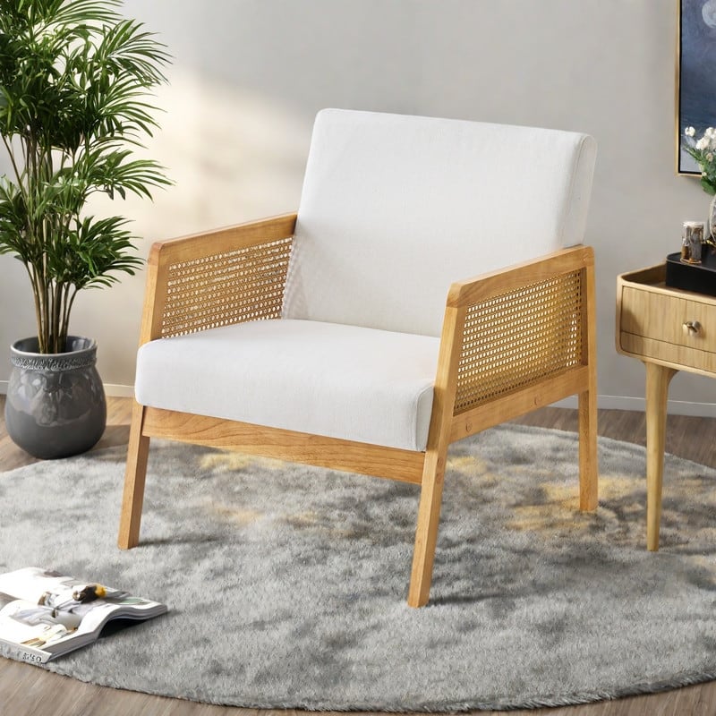Linen Mid-Century Accent Chair with Solid Wood Frame and 330lb Capacity