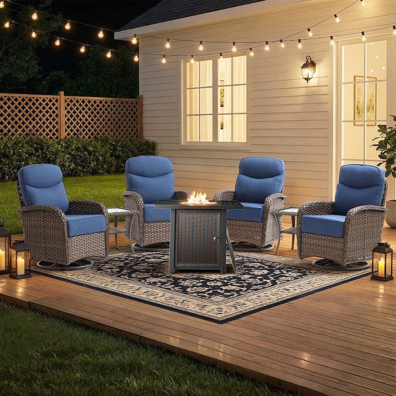 Pocassy Outdoor Sofa Swivel Chair and Ottman with Fire Pit Table - Brown Wicker Blue Cushion - 7PCS Swivel Chiar w/ Square Fire Table