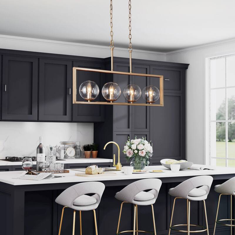 Modern Contemporary 4-Light Rectangle Chandeleir Transitional LED Dimmable Island light with Seeded Glass Globes