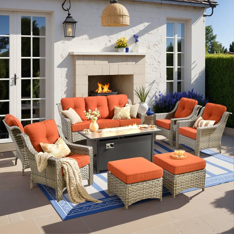 HOOOWOOO 8-piece Wicker Patio Ergonomic Conversation Set with 54" Fire Pit - Red/Orange