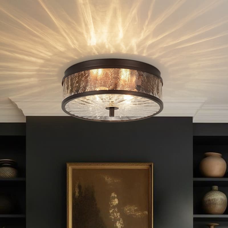 Industrial 2-Light Crackled Glass 12in Round Ceiling Light - 12 Inches