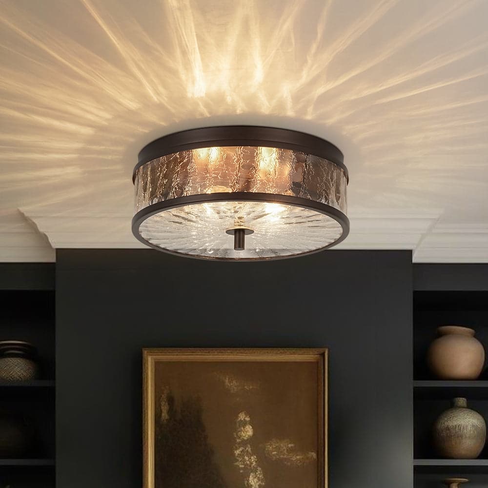 Industrial 2-Light Crackled Glass 12in Round Ceiling Light - 12 Inches