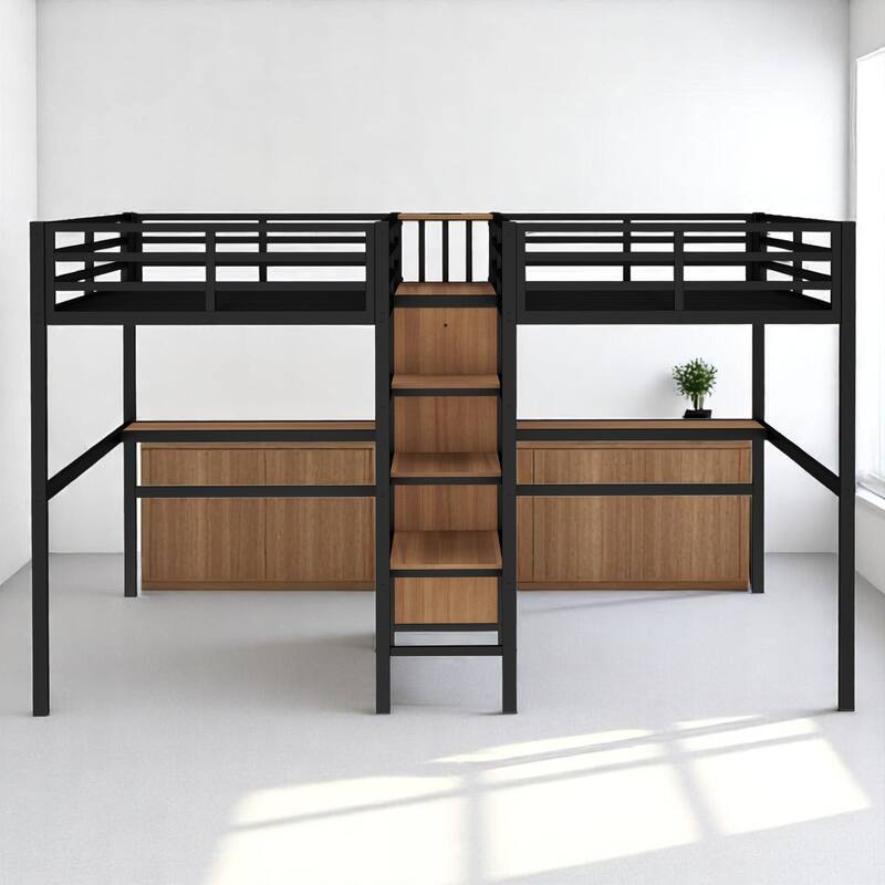 Twin Over Twin Metal Loft Bed with Dual Desks, Wardrobe, Charging Ports & Storage Shelves, Space-Saving Design for Kids & Teens