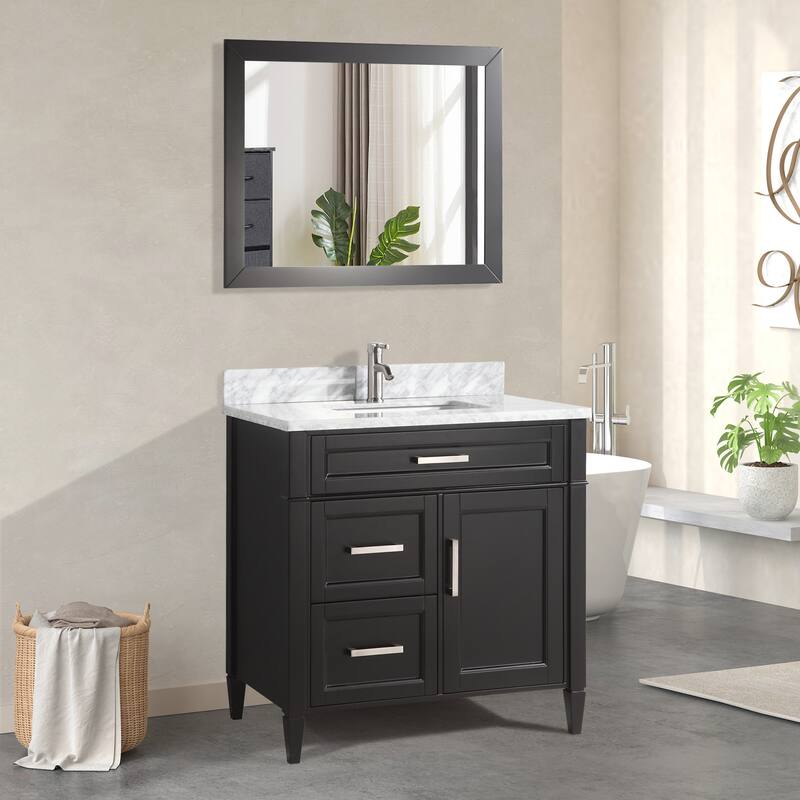 Vanity Art 36-Inch Single Sink Bathroom Vanity Set Carrara Marble Stone Top 3 Drawers 1 Shelf Undermount Sink with Free Mirror