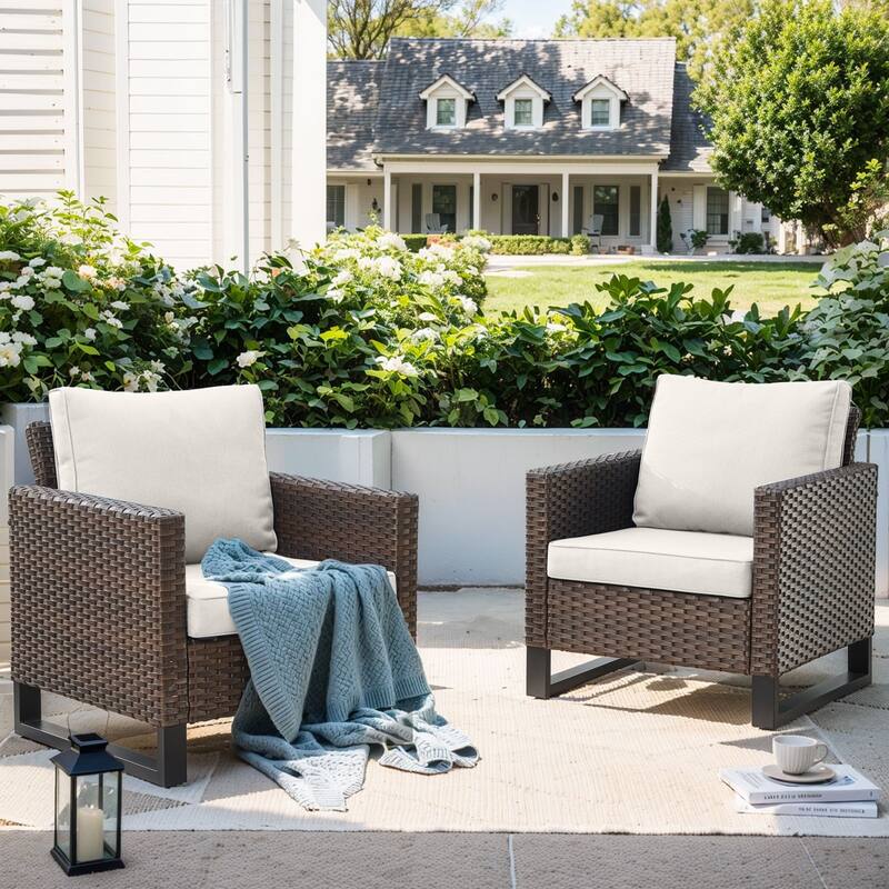 Patio PE Wicker Chair with Cushion Set of 2 - Brown - Beige