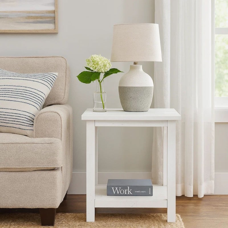 Ayne Side End Table, 1 Bottom Shelf, White Wood Frame, Square 20 Inch