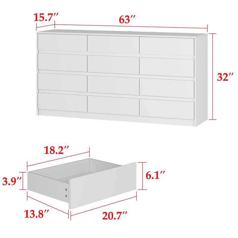 63" Chest of Drawers White Dresser No Handle, Modern 12 Drawer Dresser