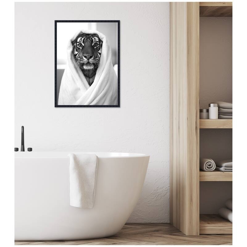 Kate and Laurel Sylvie Tiger Bathroom Art Towel Robe Black and White Framed Canvas by The Creative Bunch Studio