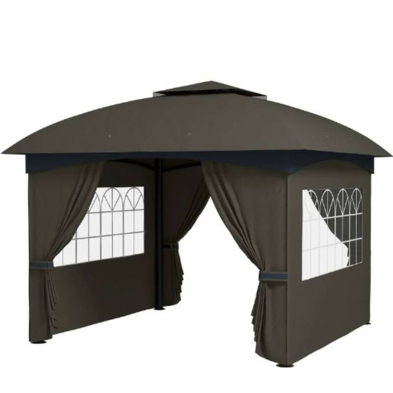 GDFStudio - 11'x11' Double Roof UV Protected Patio Gazebo with Church Windows & Curtains