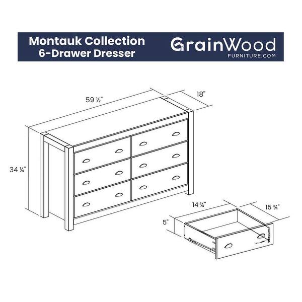 dimension image slide 1 of 2, Grain Wood Furniture Montauk 6-drawer Dresser