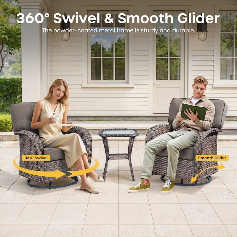 Gymojoy Wide T-Shaped High Back Swivel Glider Chairs Set with Side Table and 5-inch Cusion for Patio & Balcony