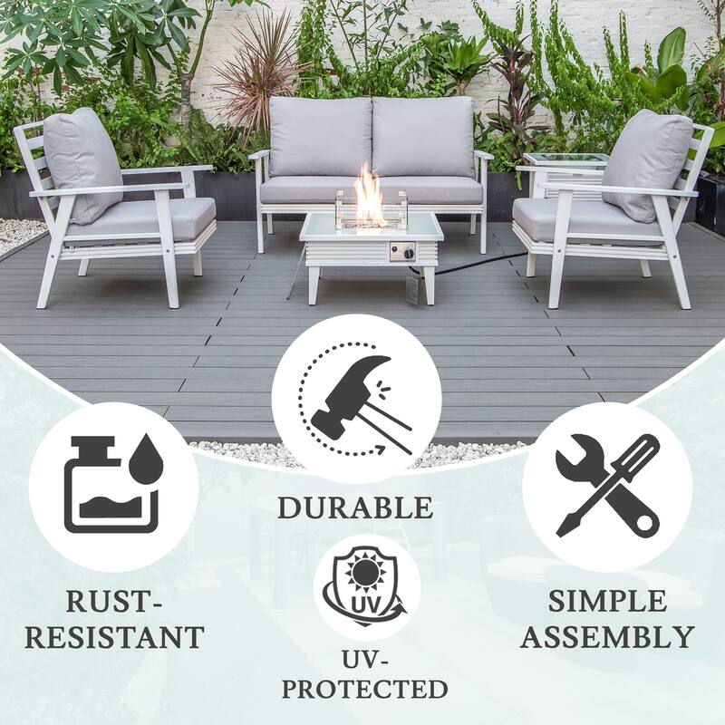 Walbrooke Polyester Upholstered Aluminum Powder Coated Outdoor Patio Furniture Set with Fire Pit Table
