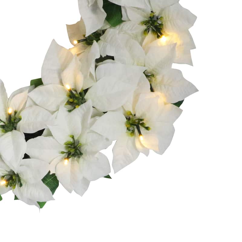Puleo International 24" Pre-Lit Battery-Operated Artificial White Poinsettia Wreath