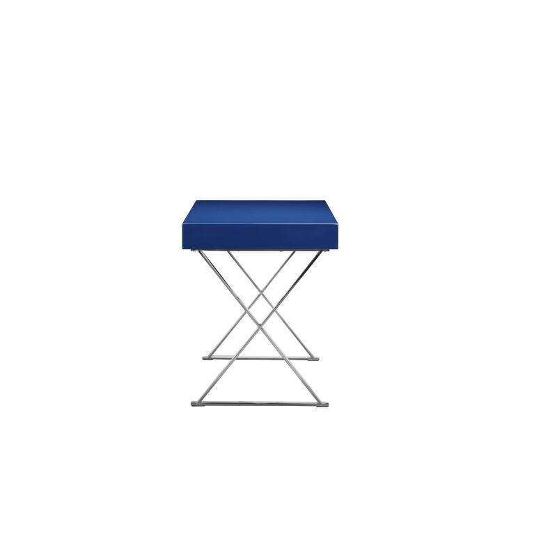 Rix 47 Inch Office Desk, Navy Wood Top, 2 Drawers, X Polished Steel Legs