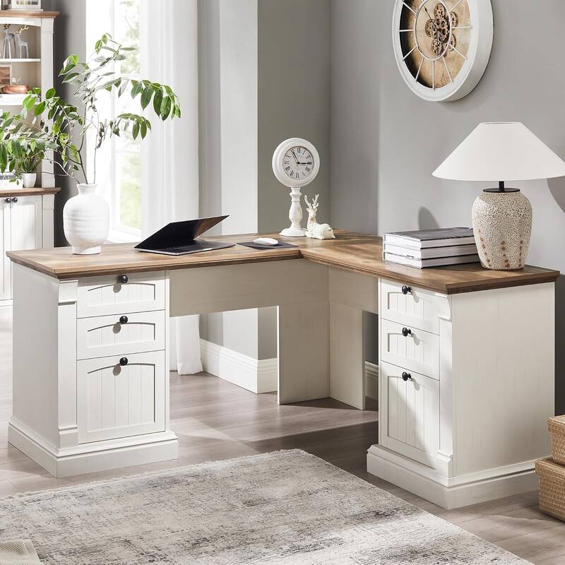 Farmhouse Computer Desk, Wood Home Office Desk with Charging Station - Antique White