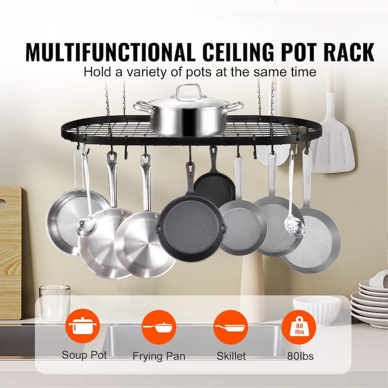 Hanging Pot Rack, Hanging Pot Rack Ceiling Mount, Ceiling Pot Rack with S Hooks, 80 lbs Loading Weight, Ideal for Home