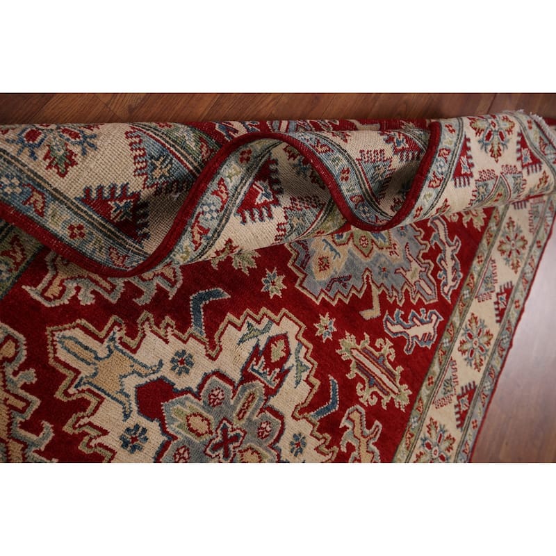 Geometric Red Kazak Oriental Rug Hand-Knotted Oriental Wool Carpet - 4'1" x 6'7"
