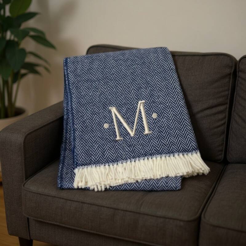 HomeRoots 55" X 70" Navy Blue And White Herringbone Cotton Blend M Initial Throw Blanket with Tassels And Embroidery - Throw - Navy Blue/White