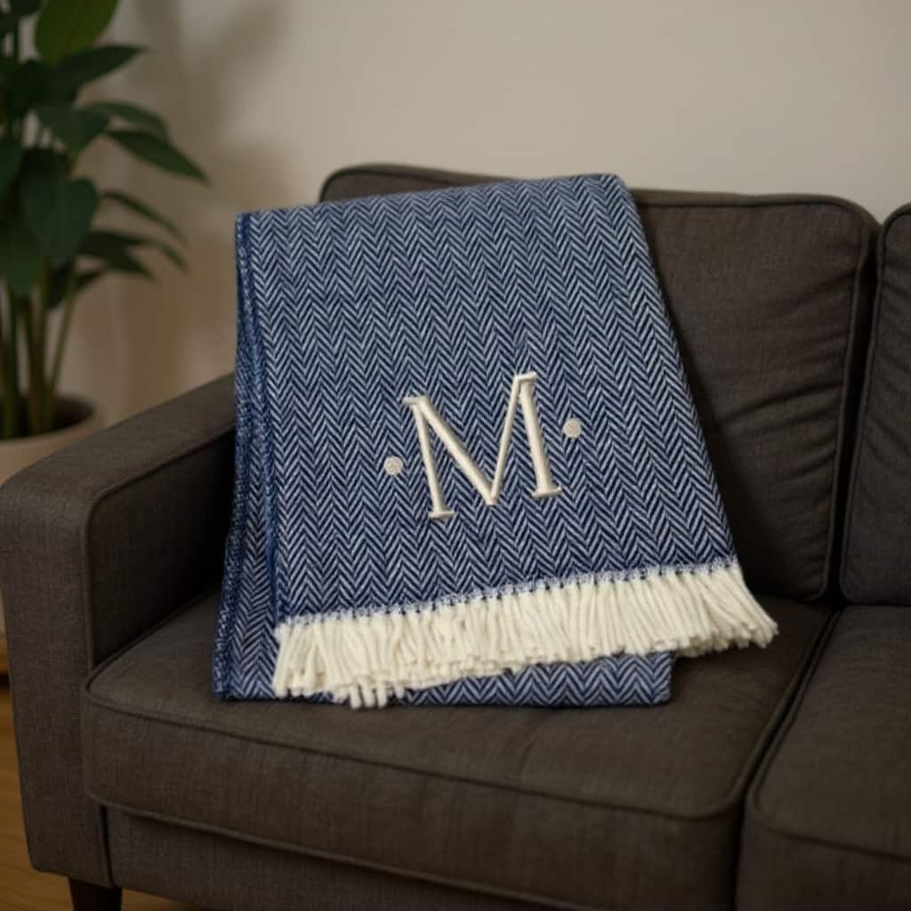 HomeRoots 55" X 70" Navy Blue And White Herringbone Cotton Blend M Initial Throw Blanket with Tassels And Embroidery