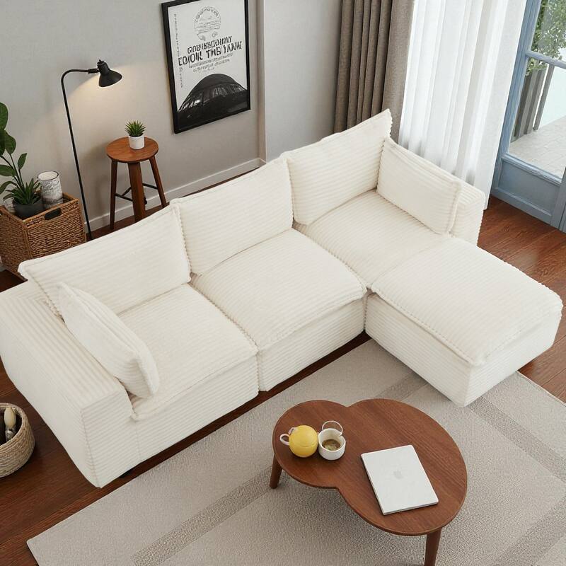 Cloud Sectional Sofa, Convertible L-Shape Corduroy Couch with Ottoman, 4-Seat Plush Living Room Compressed Sofa - White