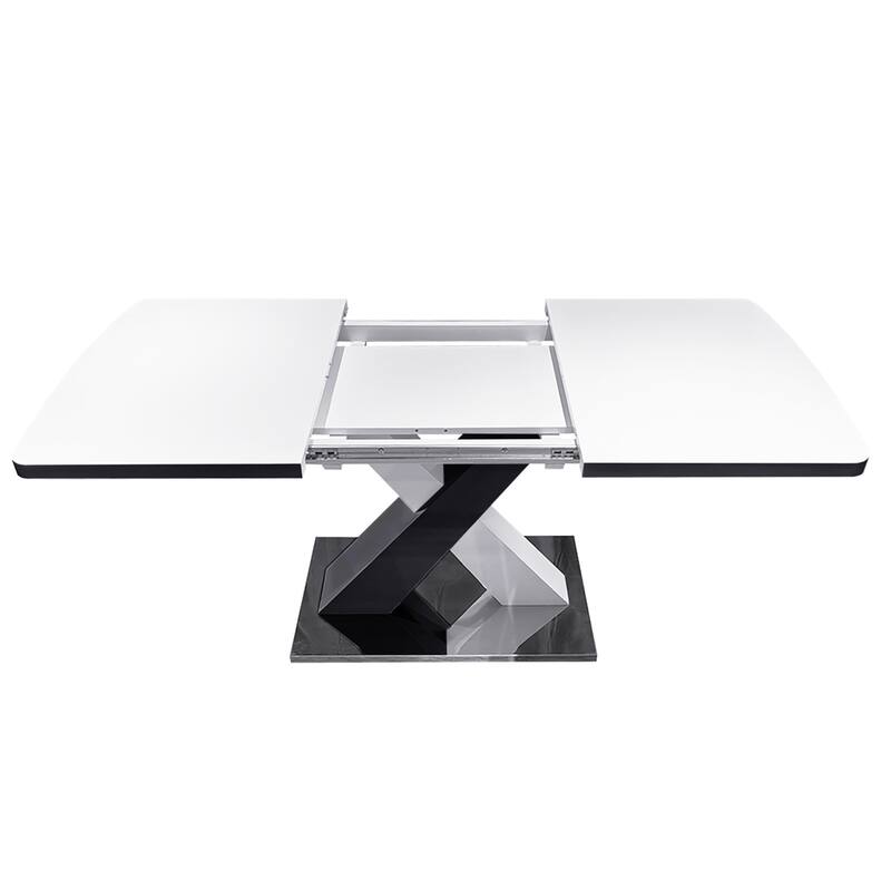 Modern Square Dining Table, Stretchable, with X-Shape Table Leg with Metal Base