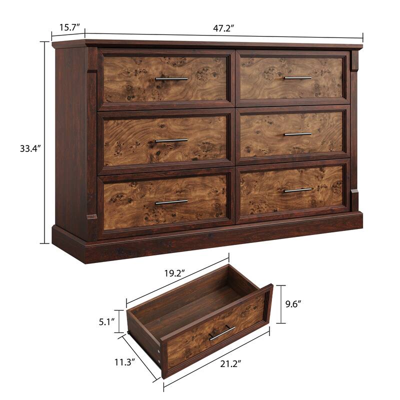 Farmhouse 6 Drawer Dresser for Bedroom, Rustic Chest of Drawers with Metal Handles, Large Double Dresser TV Stand
