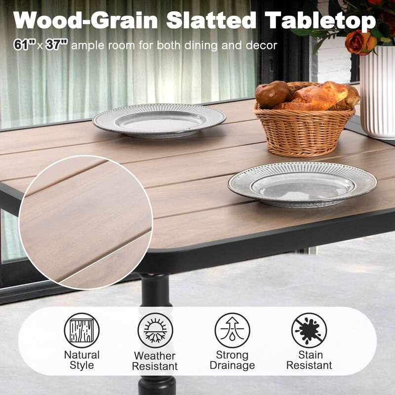 Patio Rectangle Dining Table with Umbrella Hole, Wood-Grain Tabletop