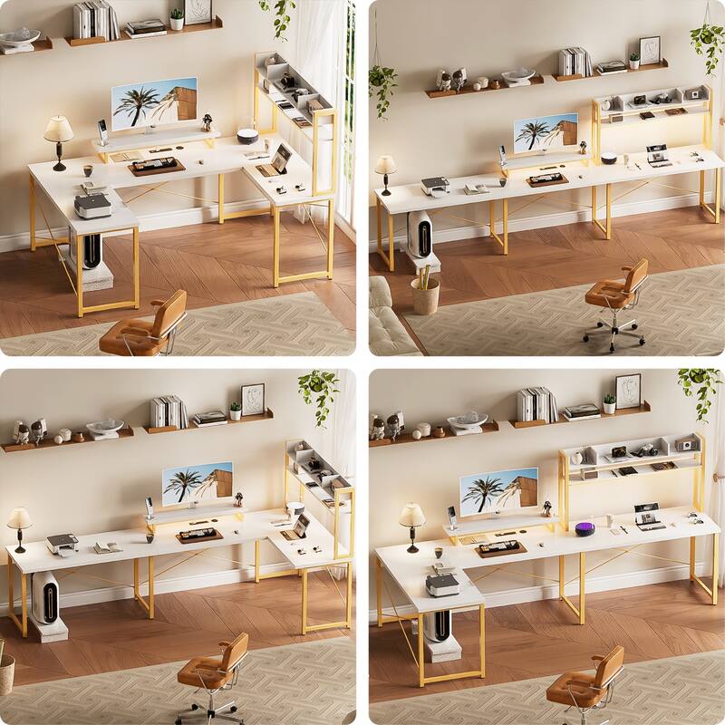 75'' DIY U-Shaped Desk with Hutch, Reversible Office Desk with Power Outlets and LED Strip