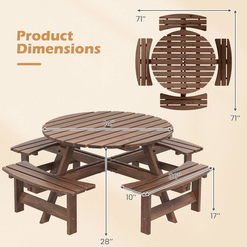 8 Person Wooden Picnic Table Round Outdoor Dining Set with Benches - 71" x 71" x 28"