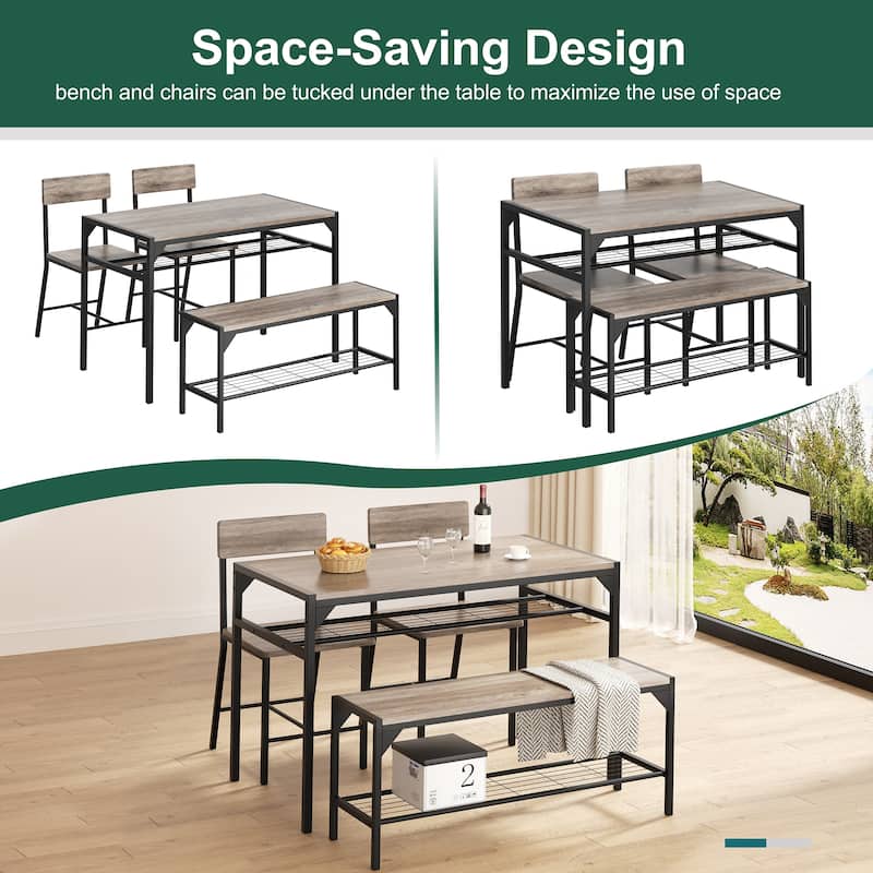 4-Piece Dining Set with Bench & Chairs - Space-Saving Table Set for Kitchen, Breakfast Nook
