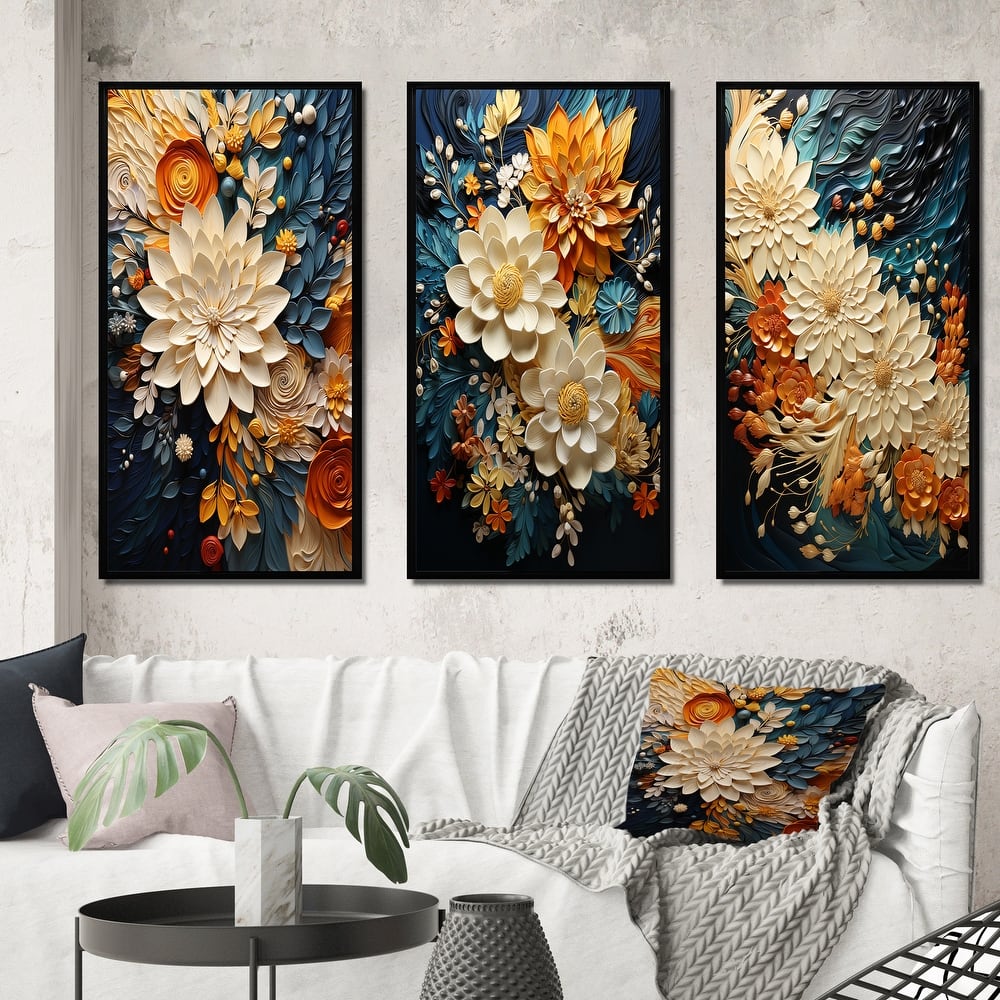 Designart "Orange Teal Botanical Whirlwind IV" Abstract Framed Wall Art Set Of 3 Frame Gallery Wall Set For Home Decor