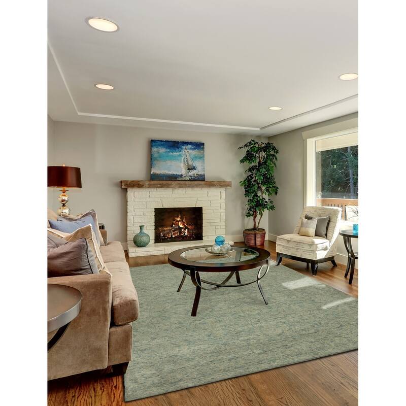 Modern Blue Hand-Knotted Wool & Viscose Area Rug - 2'6" x 10' - Blue