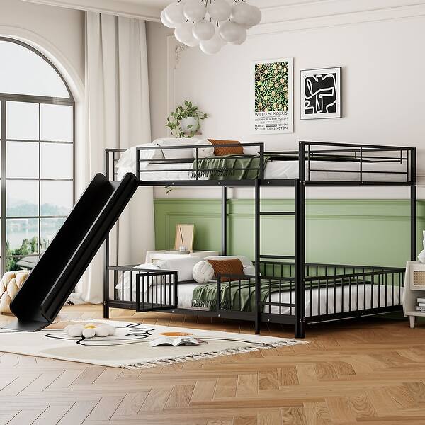 slide 2 of 20, Black Full over Full Size Metal Bunk Bed with Slide and Guardrails for Kids Full over Full - Black