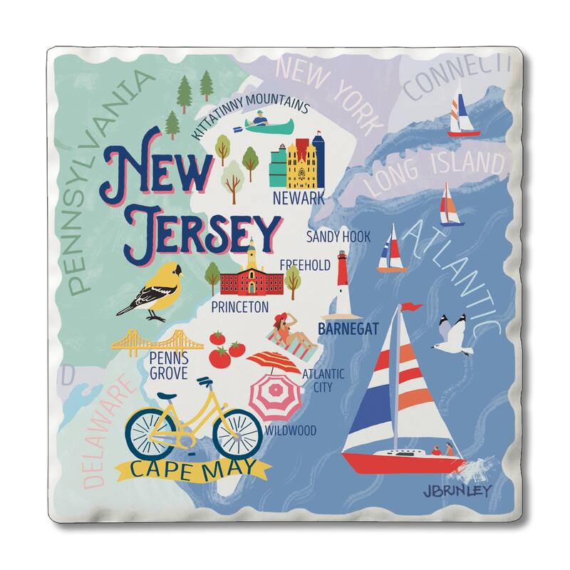 Absorbent Stone Beverage Coasters - Set of 4 - - State Attractions - NJ - Multi-59