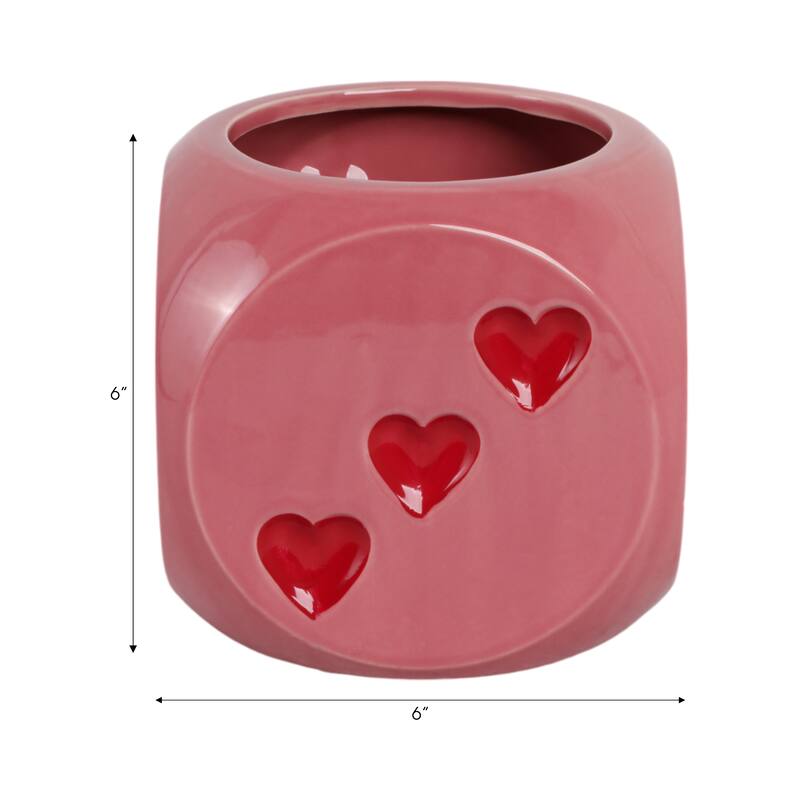 Decorative Ceramic Dice Planter or Flower Pot - 6" - 6.0" - Pink