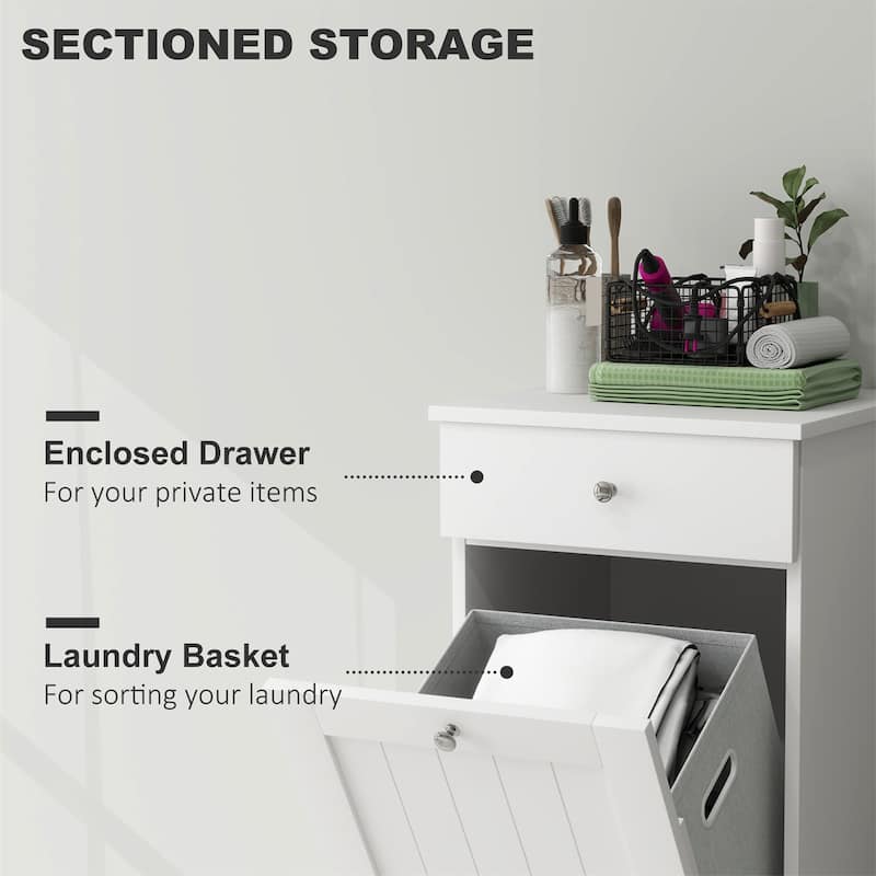 White Laundry Hamper Cabinet with Tilt Out Hamper Drawer and Foldable Bag MDF for Bathroom or Bedroom Organization