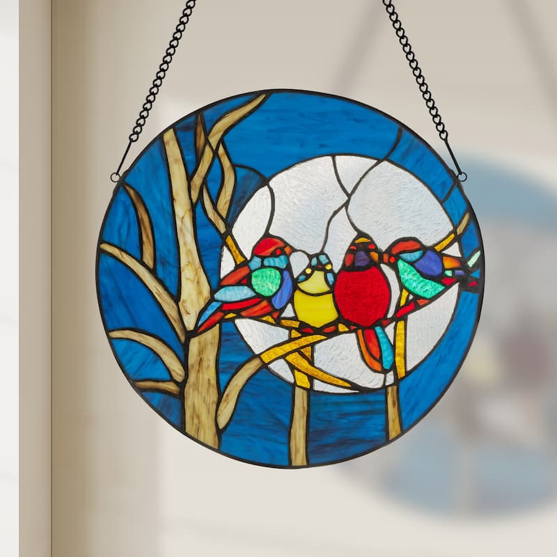 River of Goods 16"H Birds in the Night Sky Round Stained Glass Window Panel - 16"L x 0.25"W x 16"H