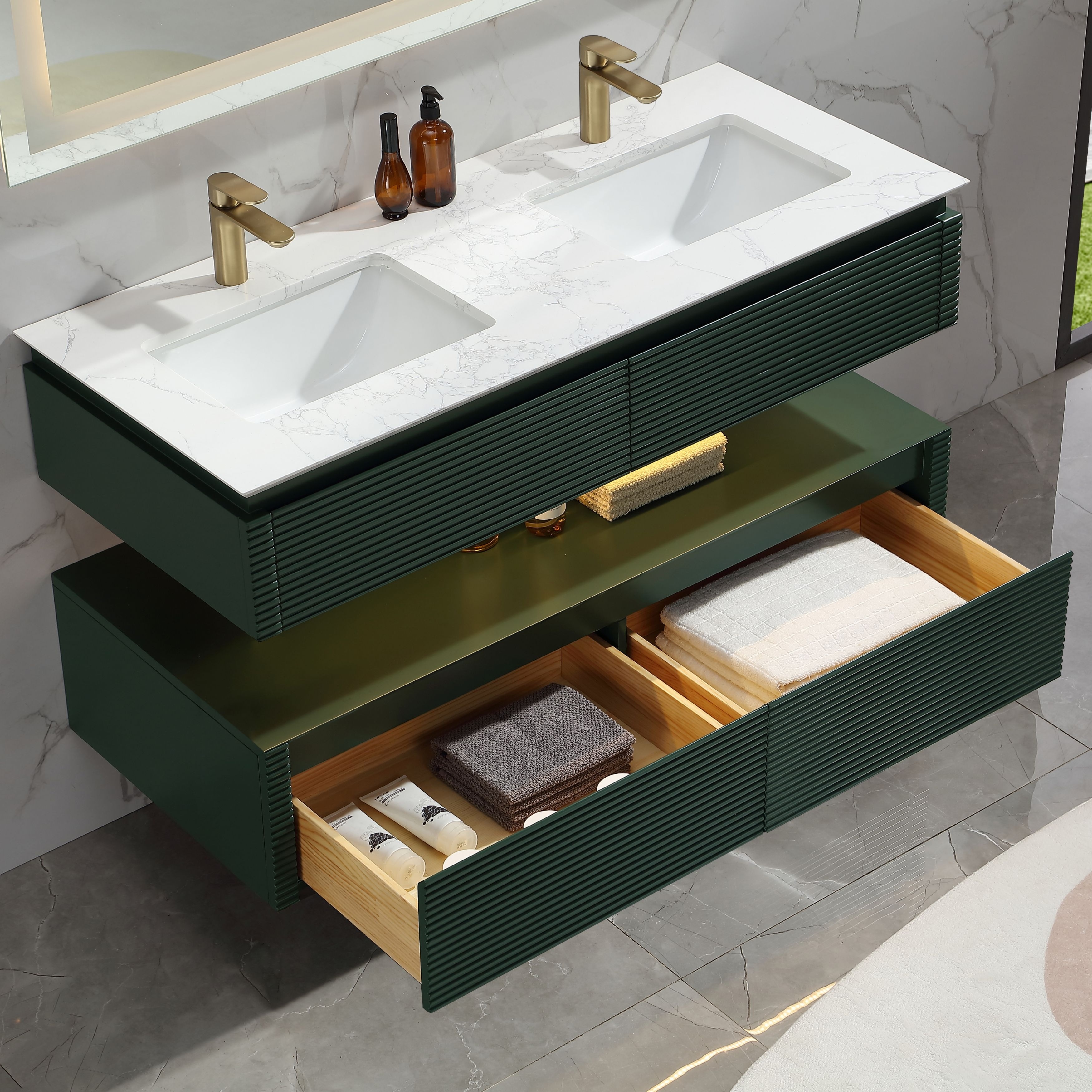 Modland 36/48 Inch LED Floating Vanity with Marble Top & Soft-Close Drawer - Green/White, Wall Drain Ready