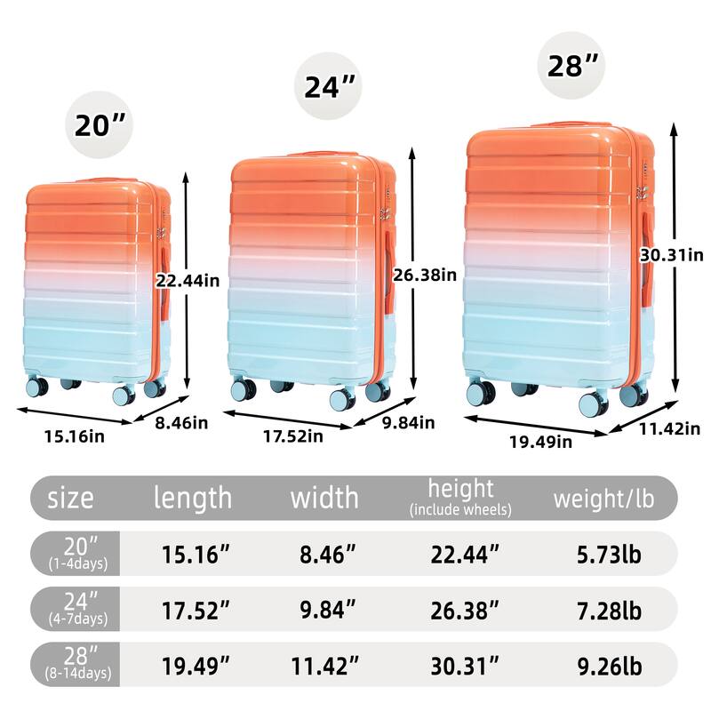 20"/24"/28" 3 pcs/set in PC Spinner Wheel Luggage, Carry on Suitcase, With Gradient Color and Combination Lock
