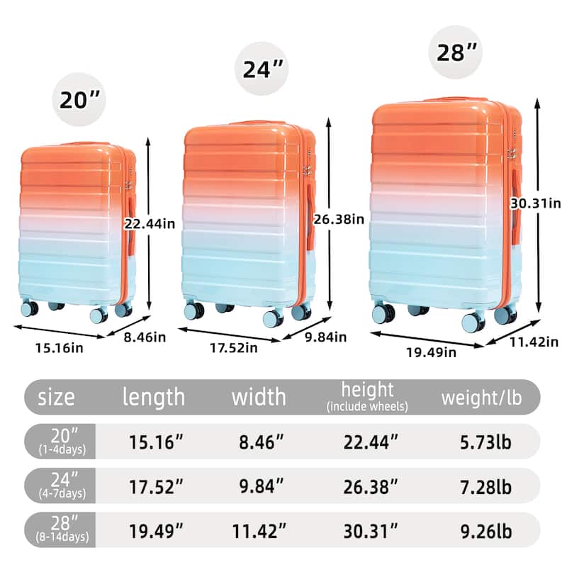 3-Piece, Modern Luggage Sets, Gradient Luggage with Combination Lock and 4 Swivel Wheels, for Boarding Travel, Blue+Red