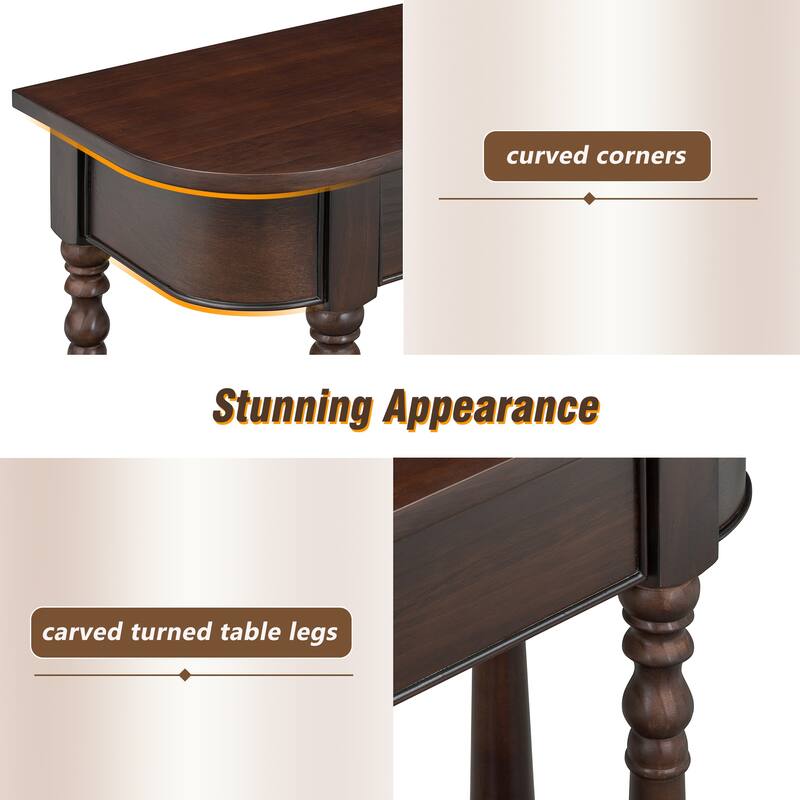 Retro Narrow Console Table with Curved Corner, Top Drawer & Open Shelf