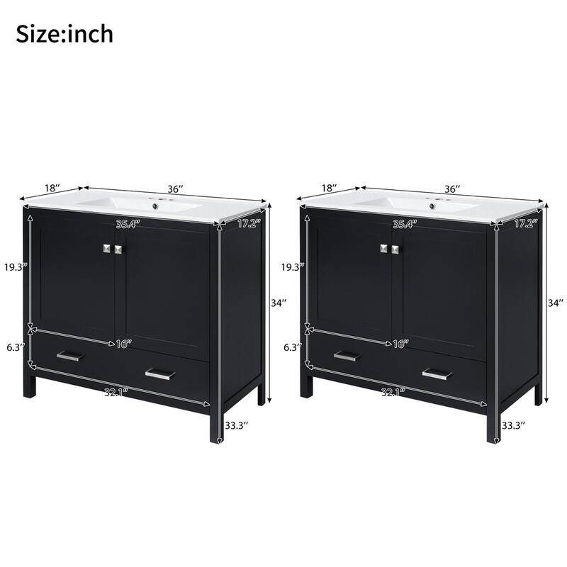72" Bathroom Vanity with Ceramic Sink,Soft-Close Doors,Divided Drawer - Black