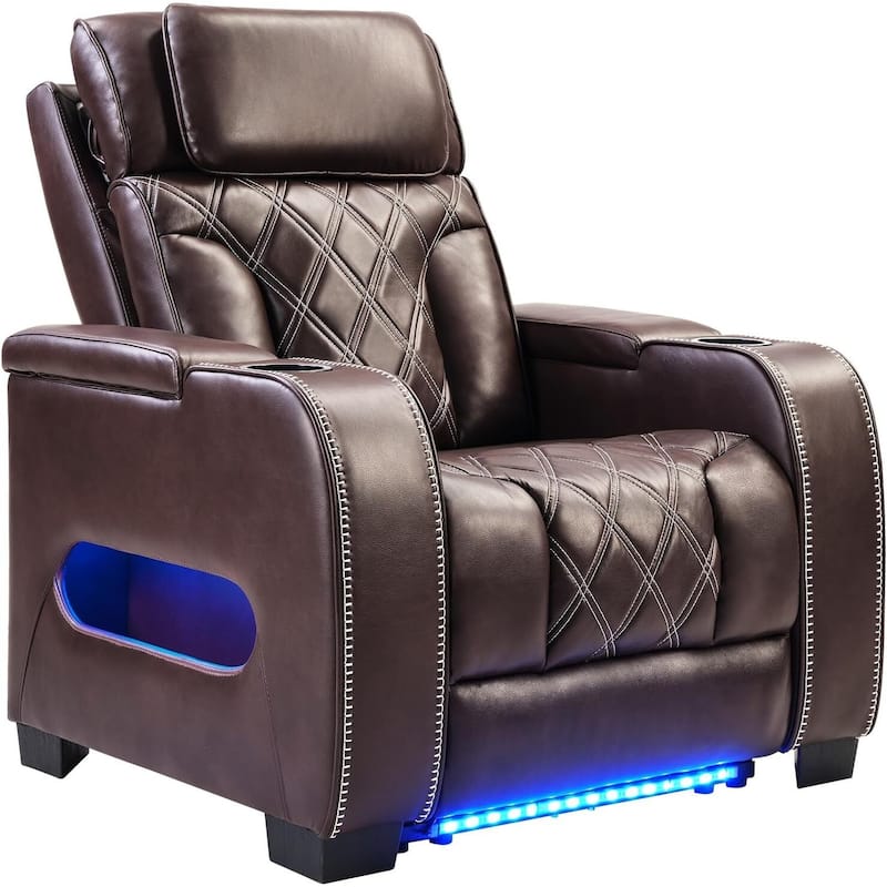 Power Recliner Chair with Adjustable Headrest, Breathable PU Leather Home Theater Seating with Ambient Lighting,Cup Holders