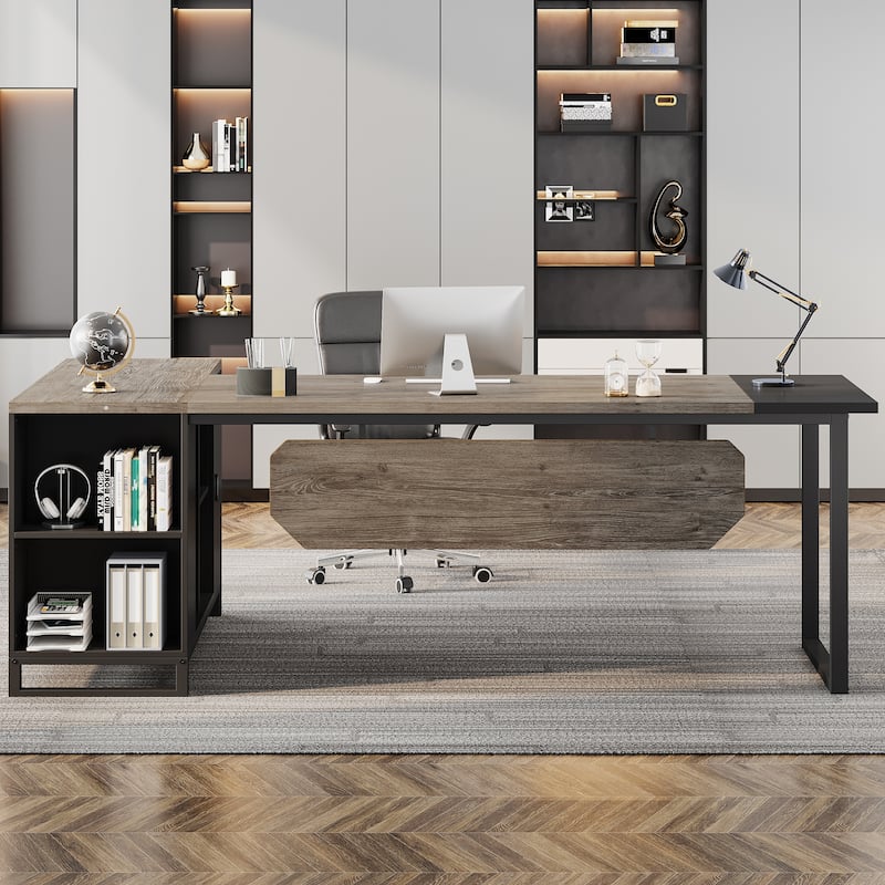 70.8-Inch Executive Desk with 55-Inch File Cabinet, Large L Shaped Computer Desk with Storage Cabinet and Shelves