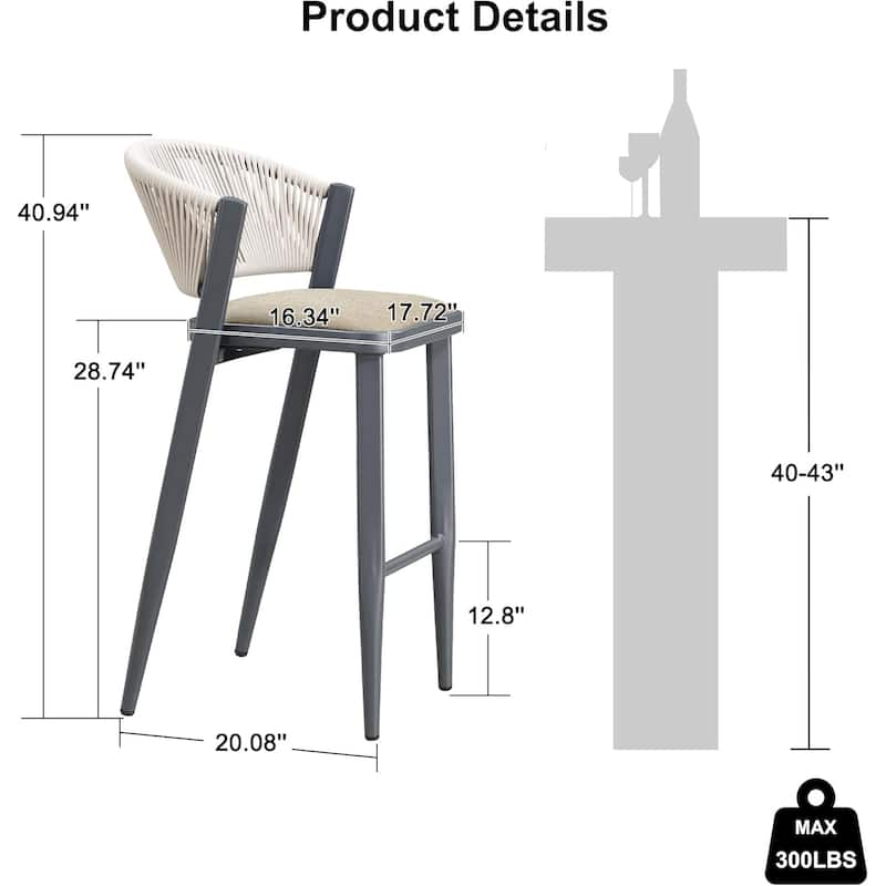 PURPLE LEAF Bar Stool Set of 2 Outdoor Rattan Bar Chair with Back Metal Bar Height Stool Wicker Barstool Dark Grey - N/A