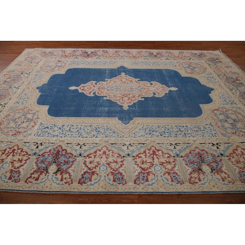 Blue Distressed Kerman Persian Vintage Area Rug Handmade Wool Carpet - 9'3" x 11'10"
