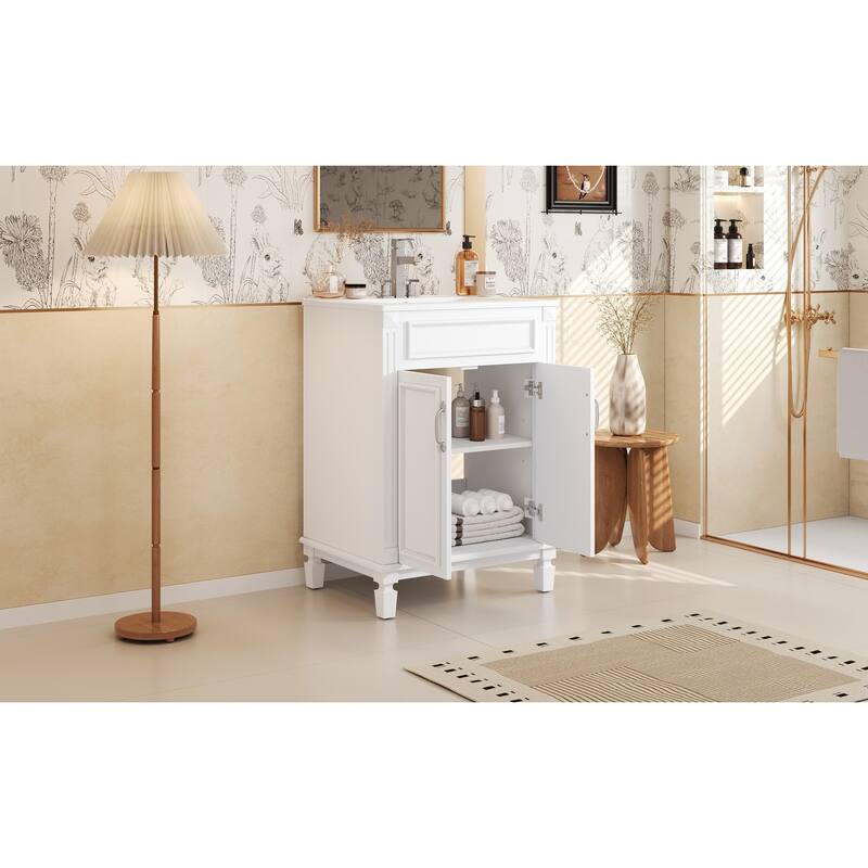 Bathroom Vanity with Sink, Solid Wood Bathroom Storage Cabinet, Bathroom Cabinet with 2 Soft-Closing Doors & Adjustable Shelf