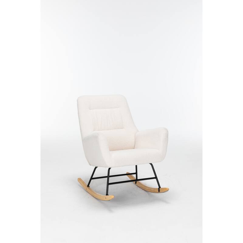 Teddy Upholstered Glider Rocking Chair, Reading Chair with High Backrest, Lounge Chair with Armrest and Wooden Legs
