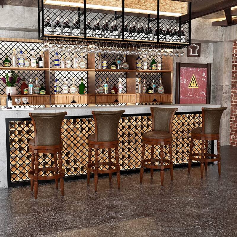 Solid Wood Swivel Bar Stool Carved Hardwood Rotatable Pub Height Stools