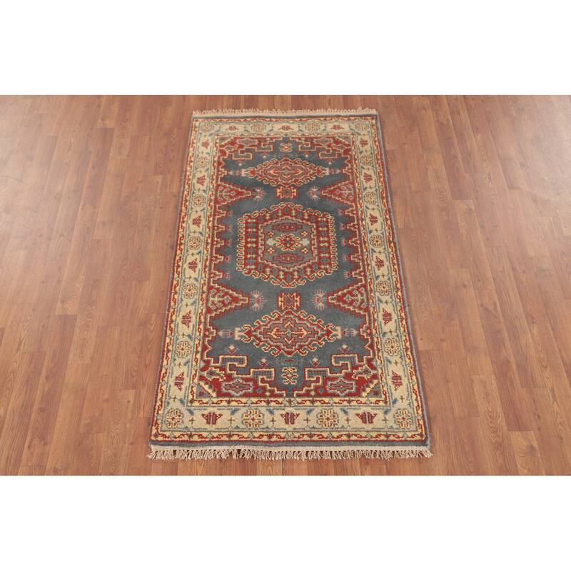 Gray Geometric Kazak Accent Rug Hand-Knotted Oriental Wool Carpet - 2'11"x 5'1"